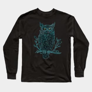 Great Horned Owl drawing in blue Long Sleeve T-Shirt